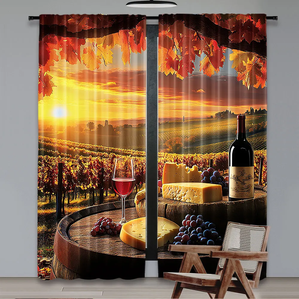 2Pcs Winery Curtain White Wine With Cask On Vineyard At Sunset For Living Room Bedroom And Dining Room