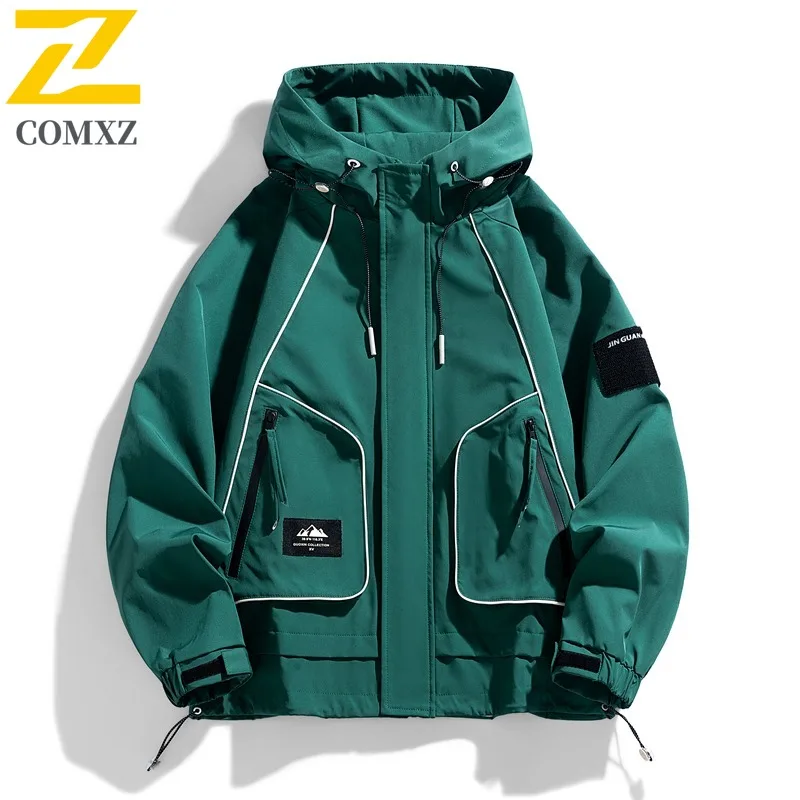 

COMXZ 2025 для мужчин и женщин пара водонепроницаемая рабочая одежда с капюшоном куртка весна осень модная повседневная свободная посадка универсальное легкое пальто