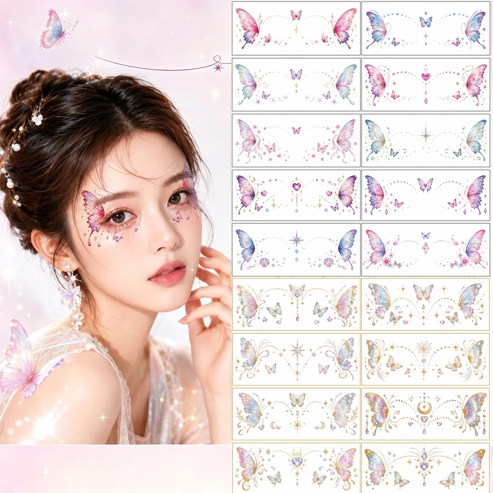 10pcs Glitter Butterfly Eyebrow Stickers Waterproof Temporary Tattoo Stickers for Face Makeup Stage Cosmetics Sparkle Eyes Decal