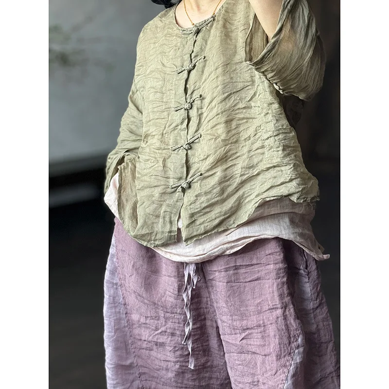 Origineel ontwerp Chinese stijl Ramee zomer Chinese knop shirts voor vrouwen O-hals lange mouw dunne 2025, nieuwe vrouwelijke vintage top