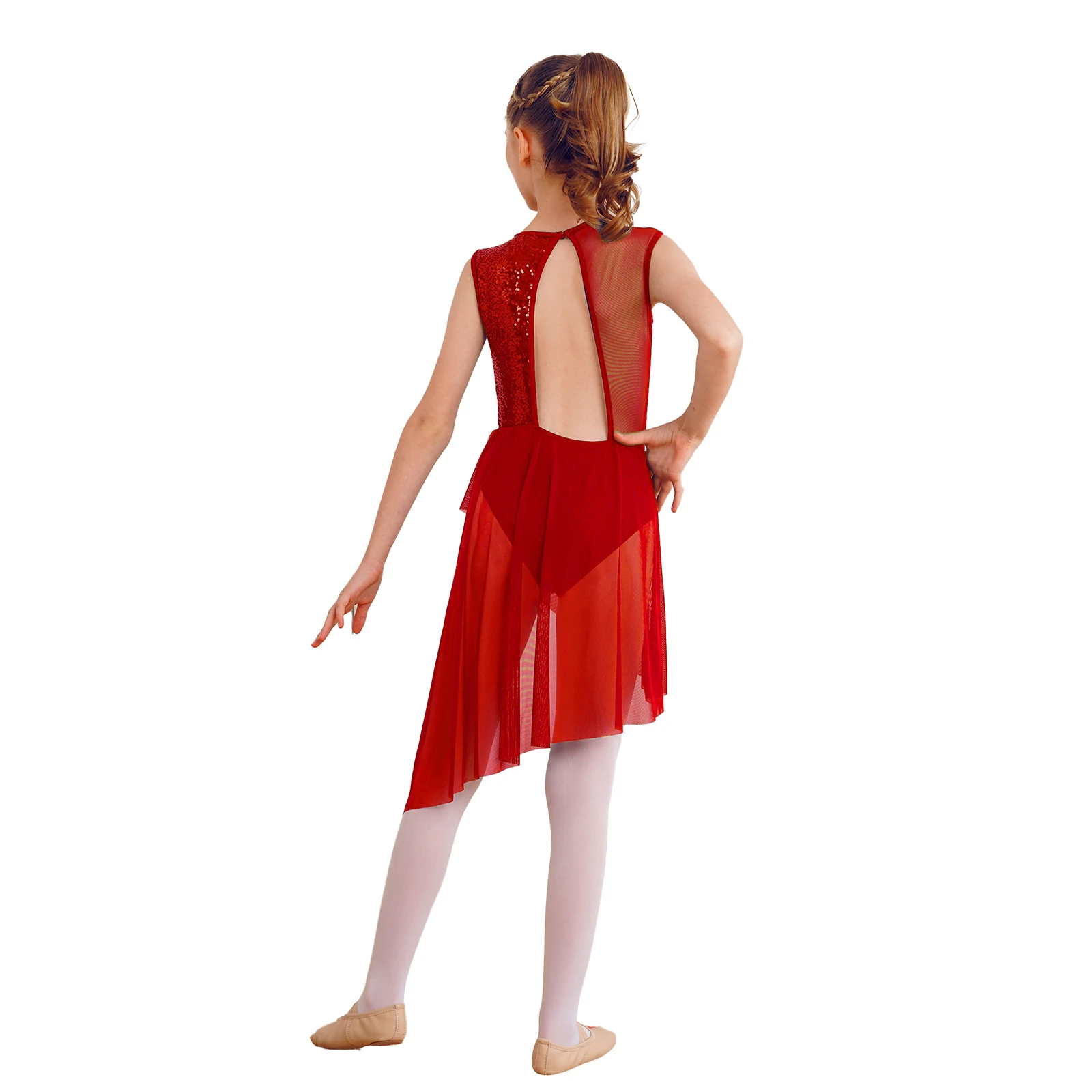 Bambini ragazze vestito da ballo lirico Tutu di balletto pattinaggio di figura ginnastica Performance Costume senza maniche lucido paillettes body