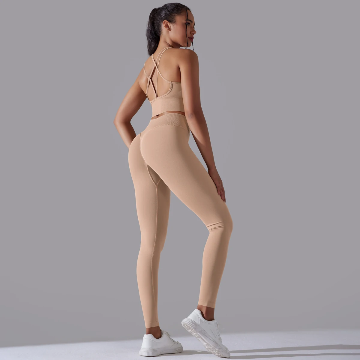 Gebürstetes Yoga-Set für Damen, 2-teilig, Workout, Sportbekleidung, überkreuzter Rücken, Sport-BH, hohe Taille, Leggings, Fitnessstudio, Kleidung, Sportanzüge – Detail 8