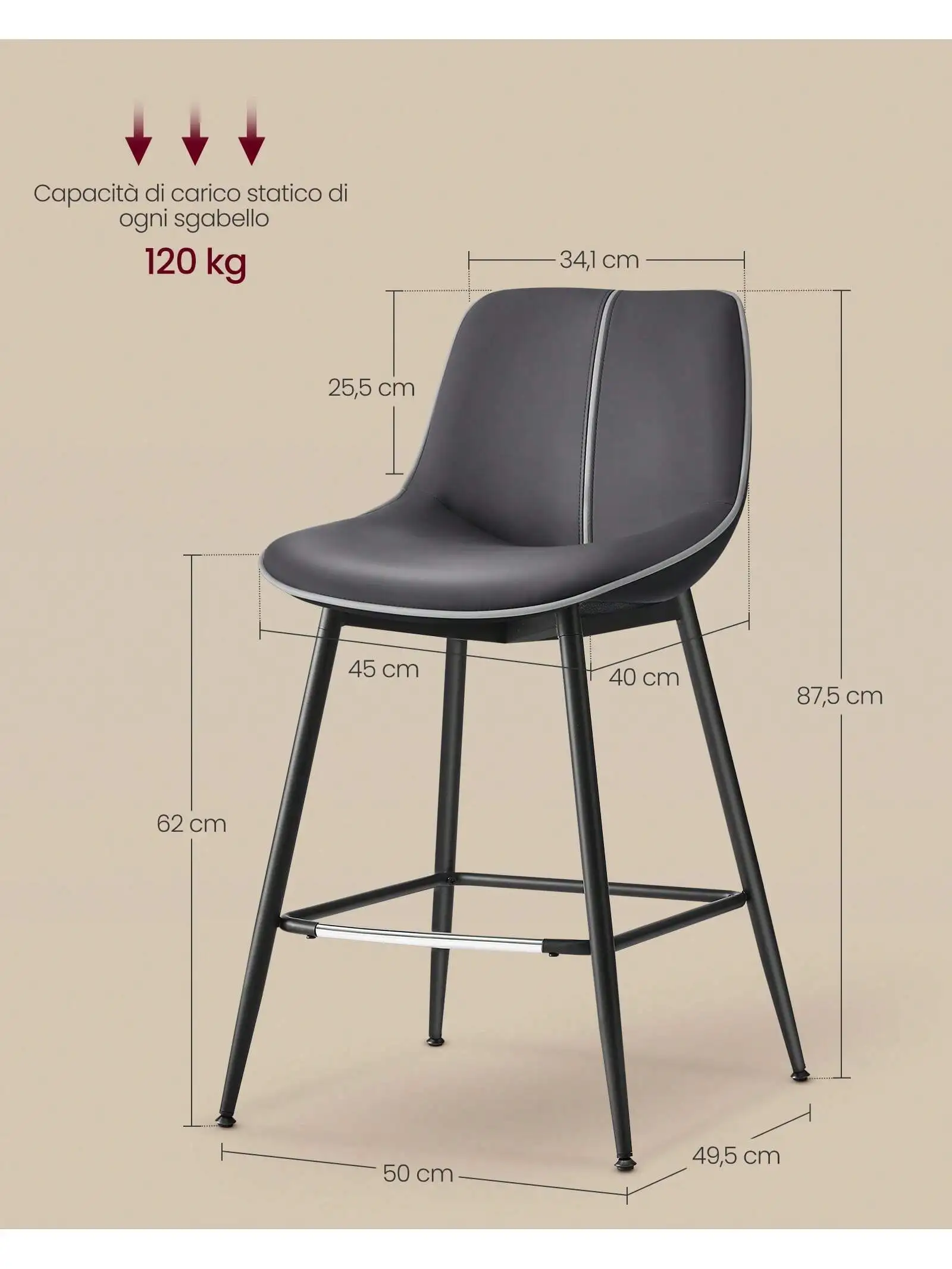 VASAGLE Set di 2 sgabelli da Bar: schienale ergonomico. Tappezzeria in PU, gambe in metallo. Piedini regolabili. 62cm di altezza. Facile montaggio.