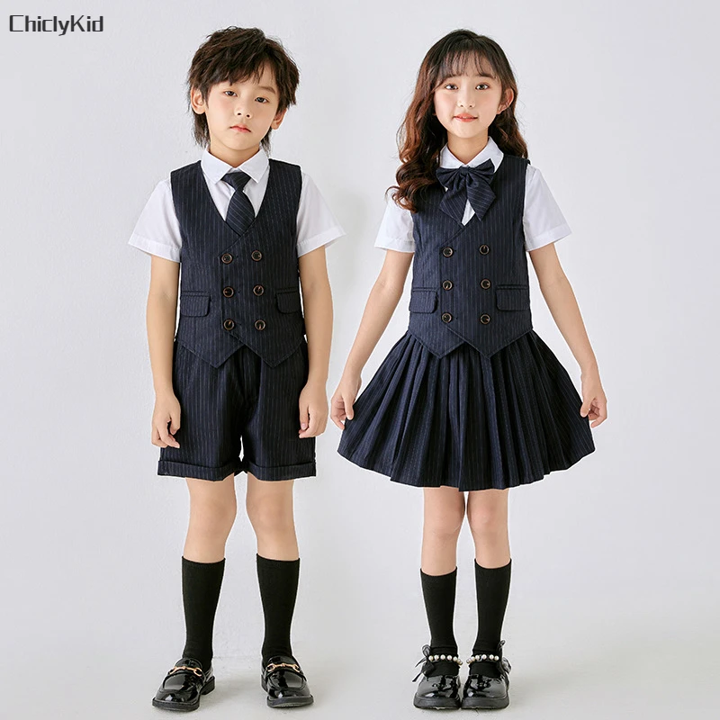 Boys Summer School Uniform Vest Shirt Shorts Girls Waistcoat Skirts Kids Kindergarten Dress Clothes Sets Child Students Outfits