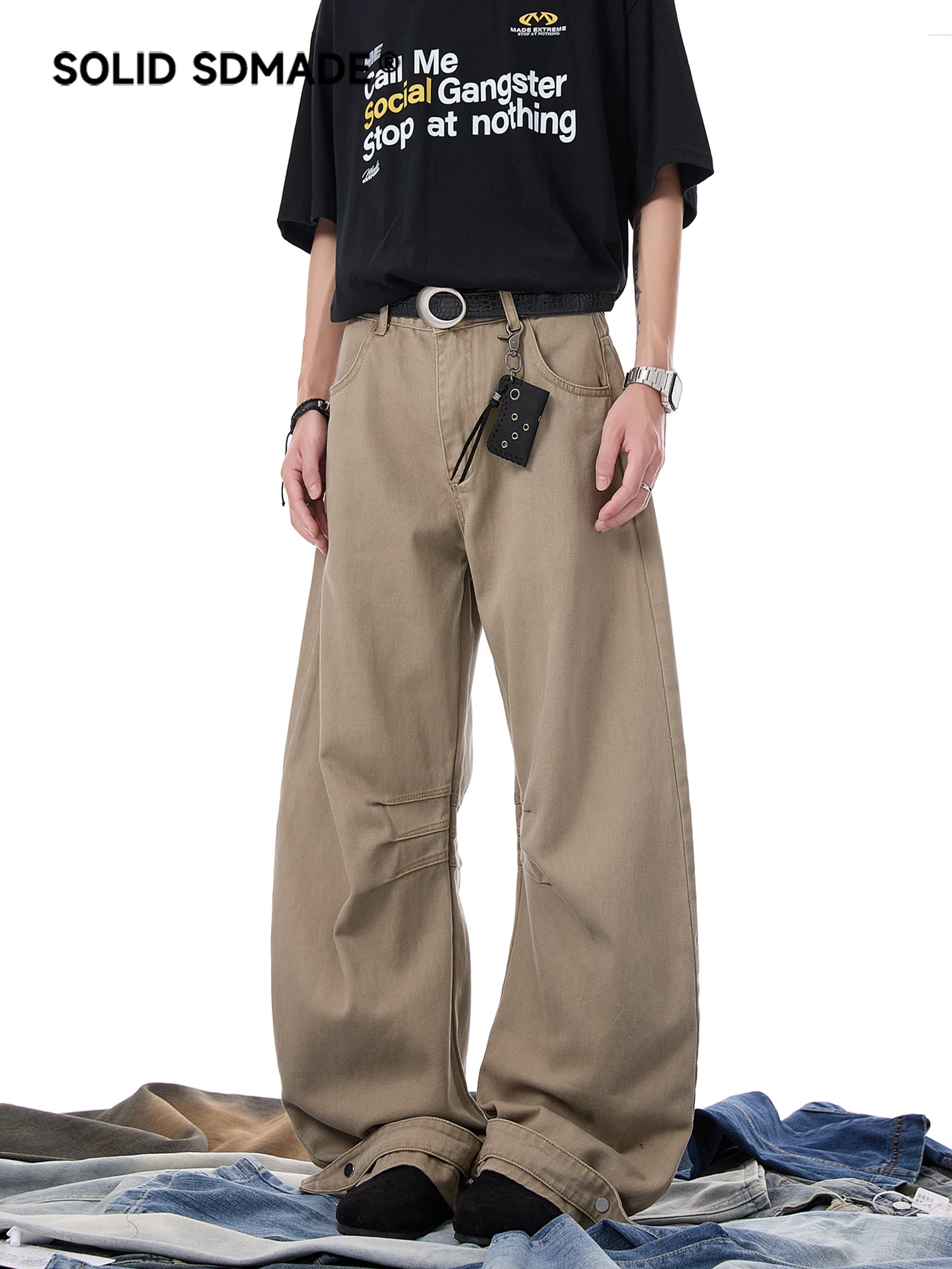 

SDMADE American Retro Washed Knife Pants Men's Loose Wide Leg Drapey Versatile Casual Long Trousers Straight Leg Jeans
