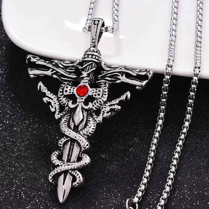 Punk Fashion Red Rhinestone Double Dragon Sword Pendant Necklace Vintage Cross Necklace For Men