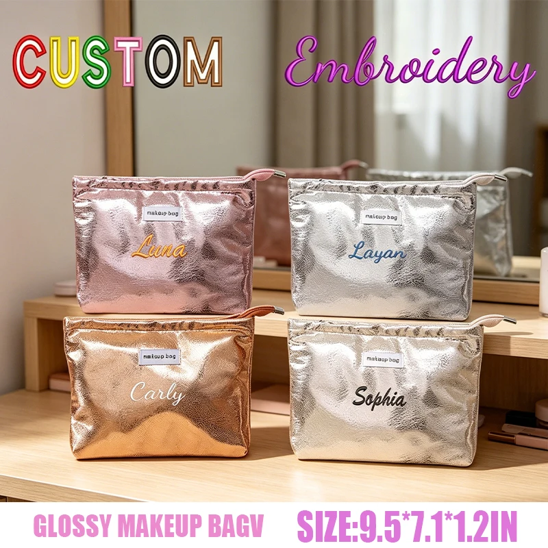 Customised Embroidery/Standard Style 2 Options, Shiny Flashy Makeup Bag, Handheld Storage Pouch, Back-to-School Season! Great Gi