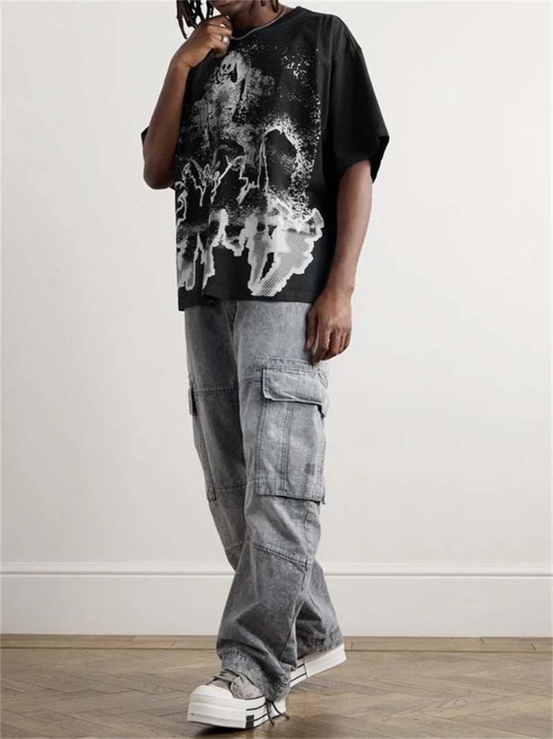 

Летняя трикотажная футболка из чистого хлопка с буквенным принтом RRR123, винтажная свободная повседневная футболка большого размера с короткими рукавами, модная