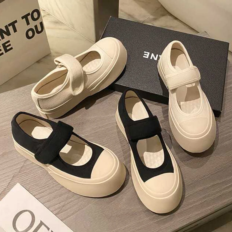 New Women\'s Flat Heel Platform Canvas Mary Jane Casual Round Toe Canvas Platform Shoes Outdoor White Autumn Single Shoes 35-40