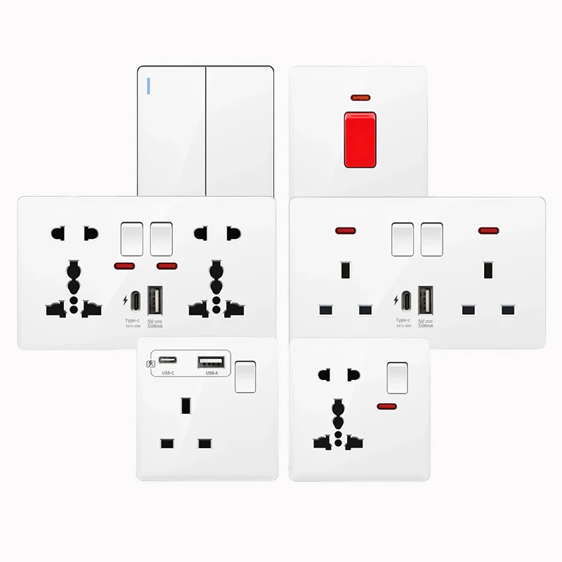 Electric wall light access 1/2/3/4 4gang1/2way Switch 13A English socket with USBtypeC UK large white panel face plate