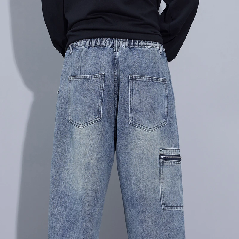 2024 New Korean Fashion Men's Baggy Jeans Classic All-match Solid Color Straight-leg Denim Wide-leg Pants Male Blue