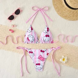 2Pcs Kitty Bikinis Set Kawaii Swimsuit New 2024 Sexy Women Bikini Summer Y2k Strappy Panties Adjustable Swimwear Beachwear