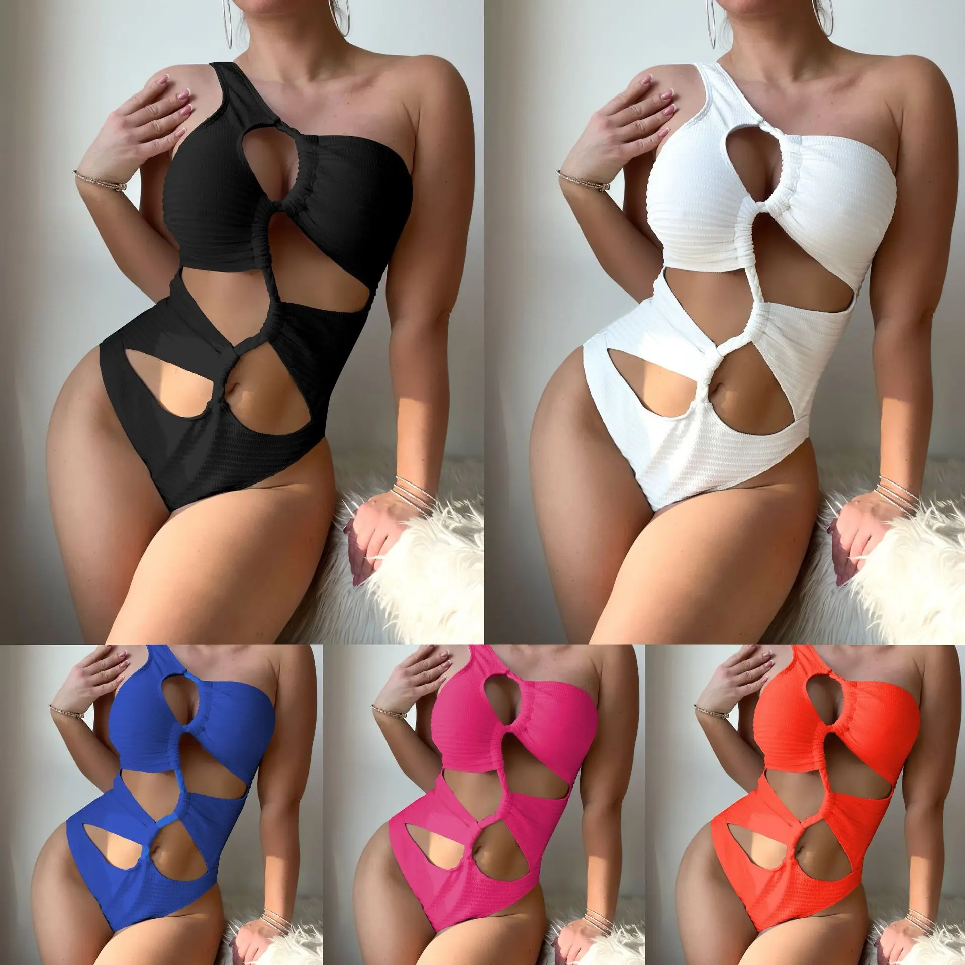 Solid color new woven rope hollow single shoulder jumpsuit for women's bikini