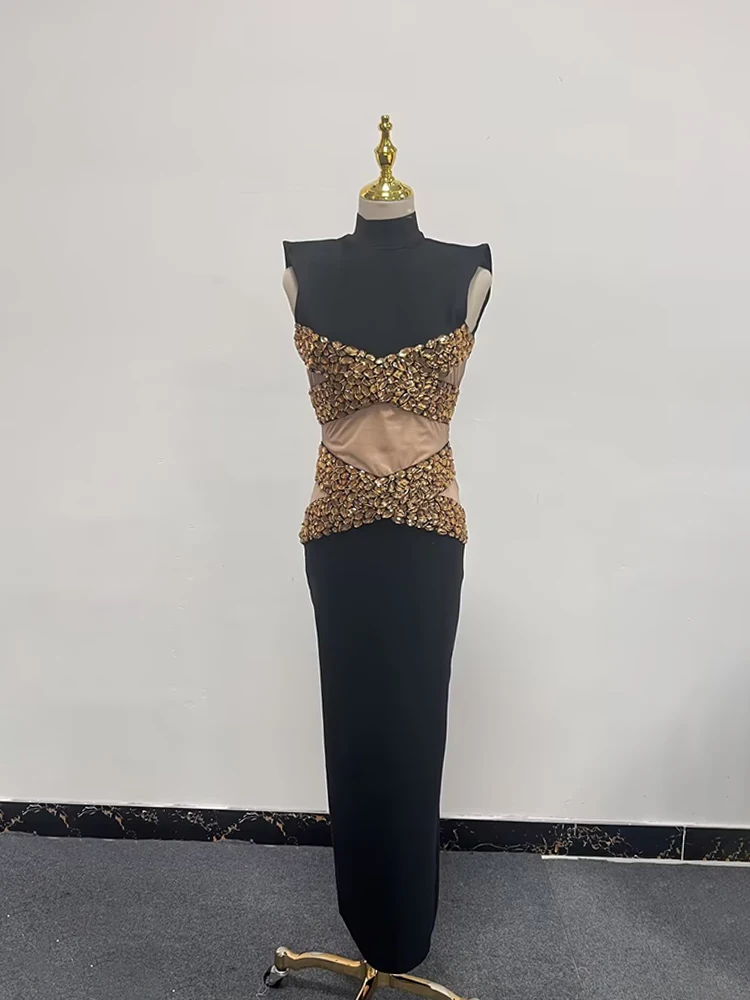 TWOTWINSTYLE, vestidos lisos empalmados entrecruzados con diamantes para mujer, vestido Formal adelgazante calado sin mangas con cuello alto para mujer