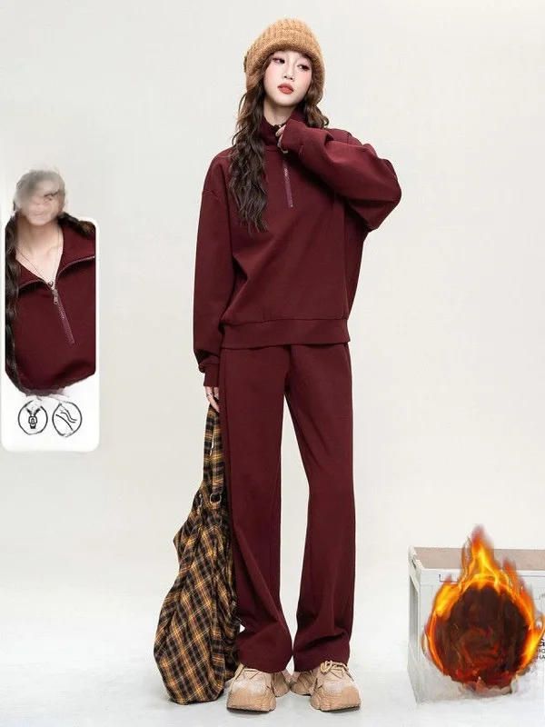 

Women's Fce Lined Sweatirt Set Casual Loose Fit Thermal Two Piece Suit Winter Faion Sportswear High Waist Long Pants