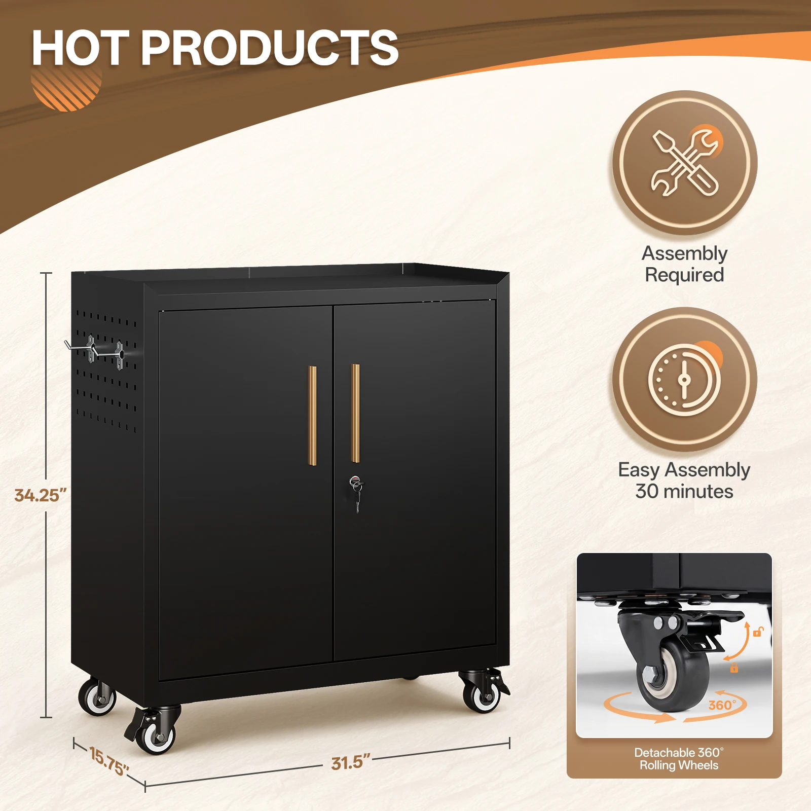 Mlezan Metal Storage Cabinet with Peg Board Adjustable Shelves Movable Tool Cabinet for Garage Home Office Kitchen with Doors