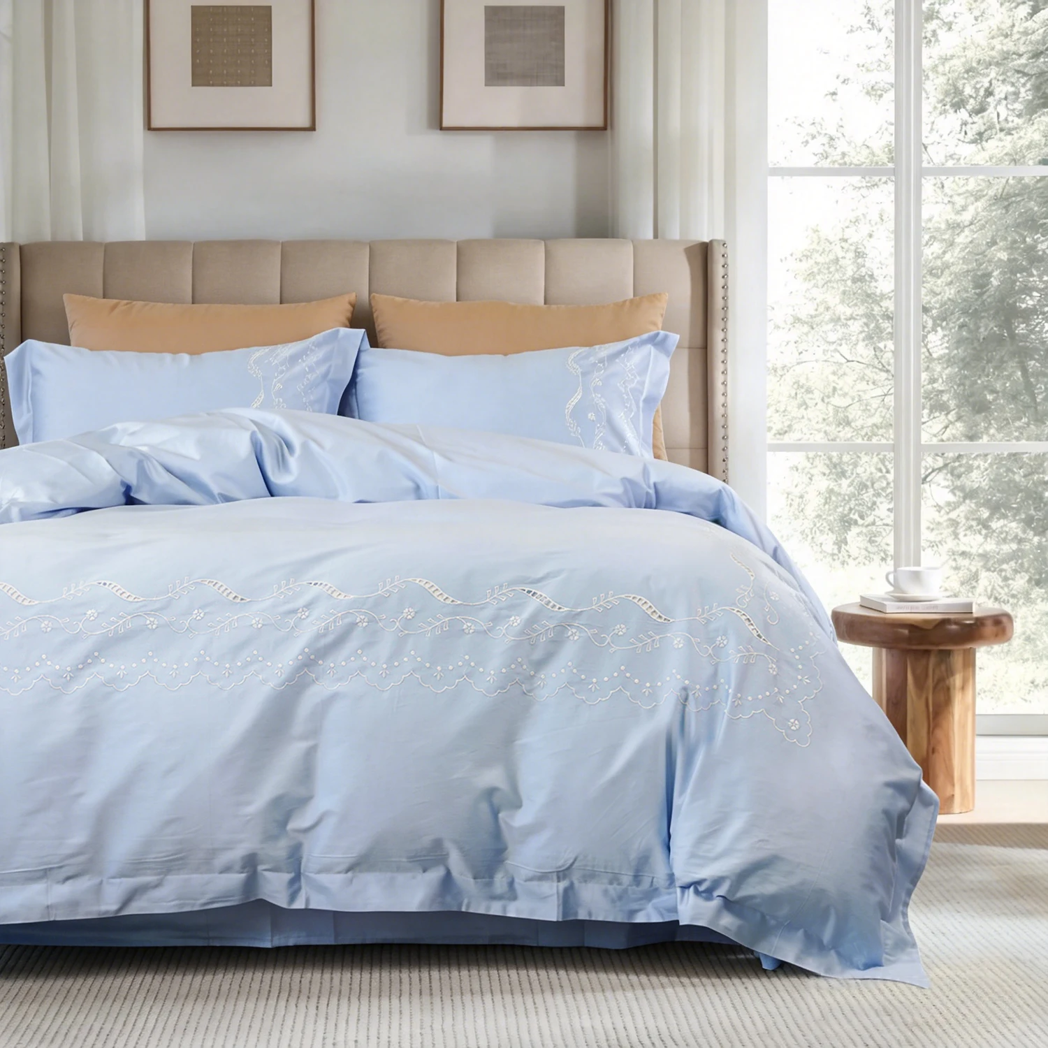 Pure Cotton 4-Piece Set Embroidered Bed Linen, Light Blue,  Elegant Luxurious, Home Decor Accessories