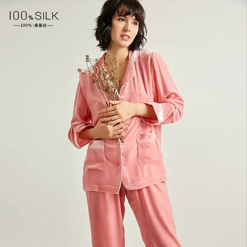 

Luxury Women's Autumn Winter Silk Pajamas Set 100% Mulberry Silk Velvet Thickened Warm Indoor Outdoor Wear Turn-down Collar Cozy