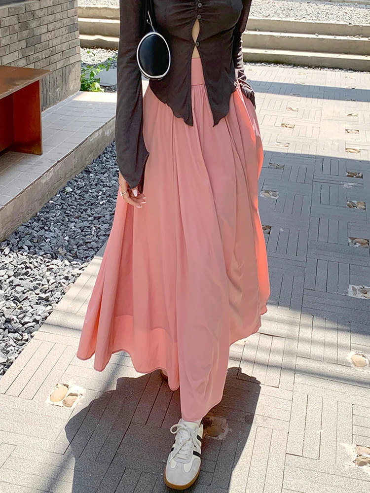 Orange Pink Chicly High Waist Loose Casual Female Skirts Autumn New Classic Solid Color Fashion Office Ladies Midi Women Skirts