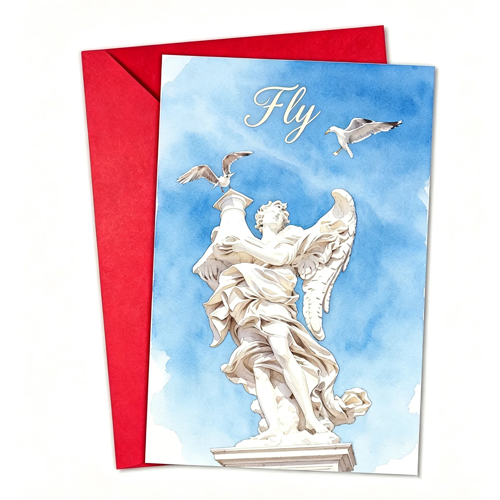 Watercolor White Angel Statue Seagull Clear Blue Sky Cloud Freedom Greeting Card Fly Wish Blank Note Card With Red Envelope