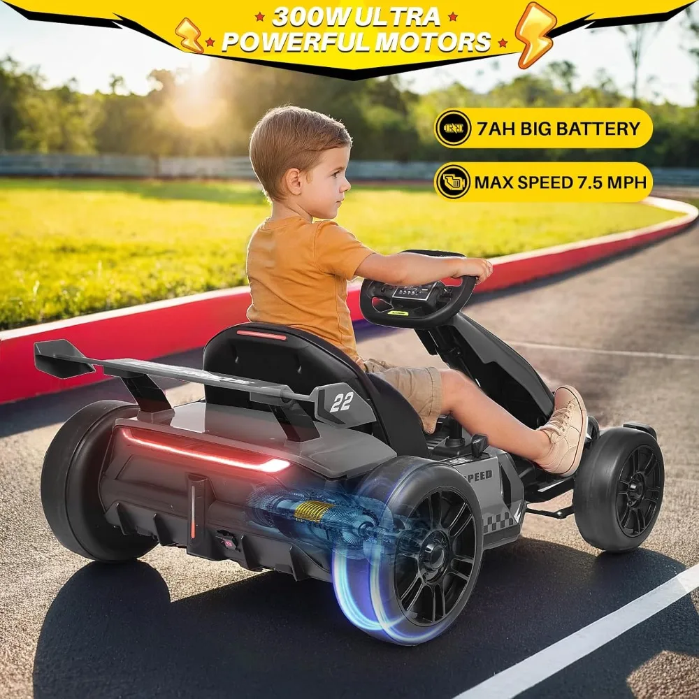 24V Kids Go Kart 300W Drift Kart Powerful Electric Pedal Kart Outdoor Race Toy,2X150W Strong Motor,7AH Big Battery,EVA Tires