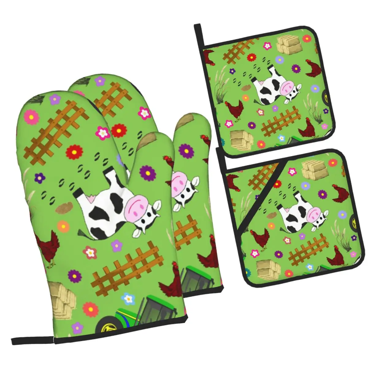 Farmyard Cow And Tractor Oven Mitts and Pot Holder Sets of 4 for Baking Kitchen Cooking BBQ Resistant Non-Slip Gloves