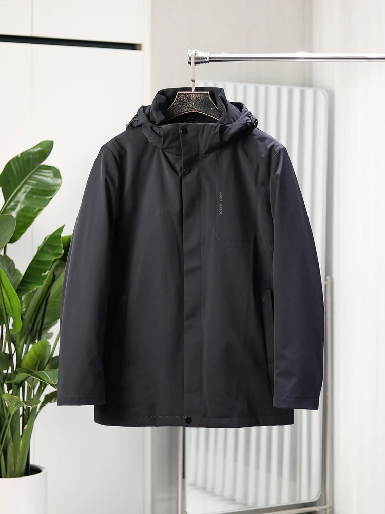 

Outdoor Water-Resistant Fabric Parka Coat Removable Rabbit Fur Mid-Length Hooded Warm Cotton Jaet for Men