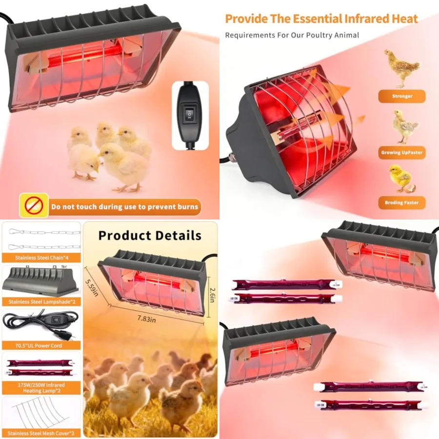 

50W Chicken Coop Heat Lamp with Guard, Adjustable Temperature Brooder Heater, 175W/250W Infrared Heating Lamp for Chicks, Duckl
