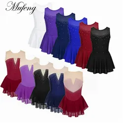 Rhinestone Ballet Dance Dress Kids Girls Sleeveless Mesh Tulle Ballet Gymnastic Leotard Stage Performance Lyrical Dance Costumes