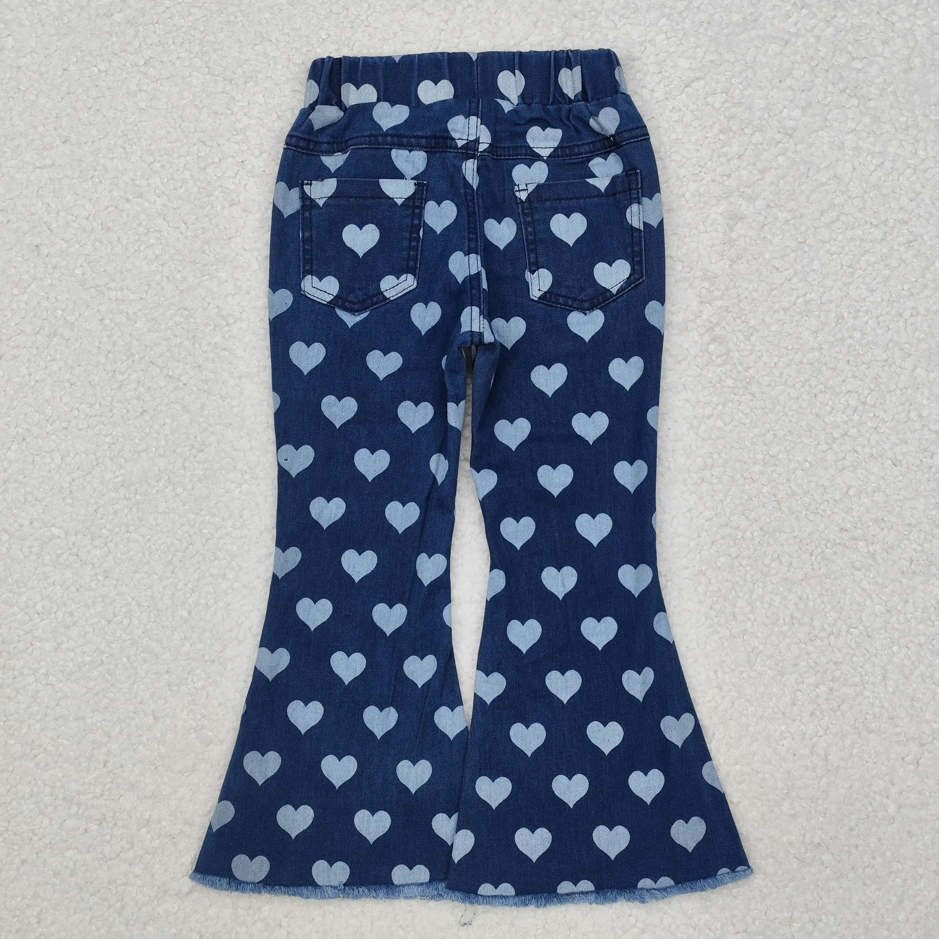 Boutique Baby Girl Valentine Hearts Denim Jeans Bell Bottom Pocket Pants Kids Trousers Children Toddler Clothing Wholesale