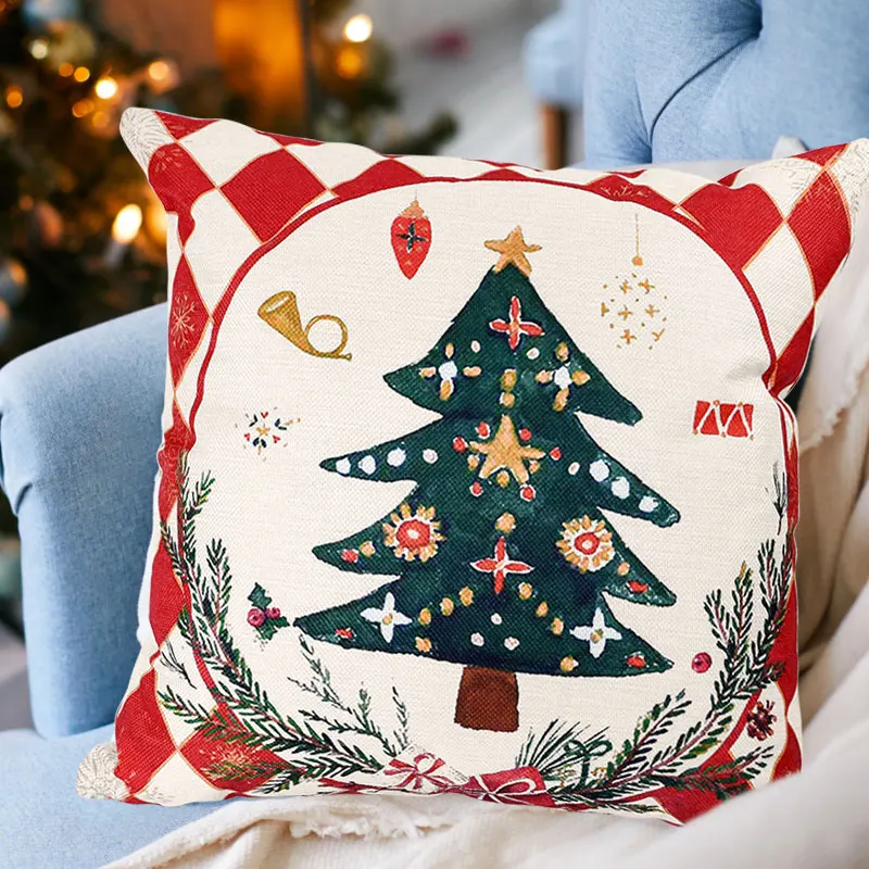 Linen Merry Christmas Cushion Cover Sofa Throw Pillowcase Christmas Decoration For Home Gift Xmas Ornament New Year 2024 Navidad