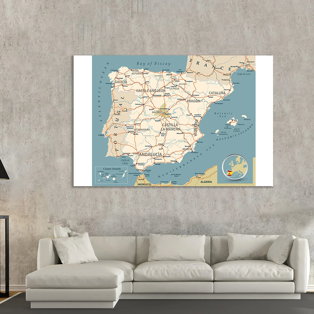 150*100 cm Road Network Map of The Spain Wall Art Poster Non-woven Canvas Painting School Supplies Living Room Home Decoration