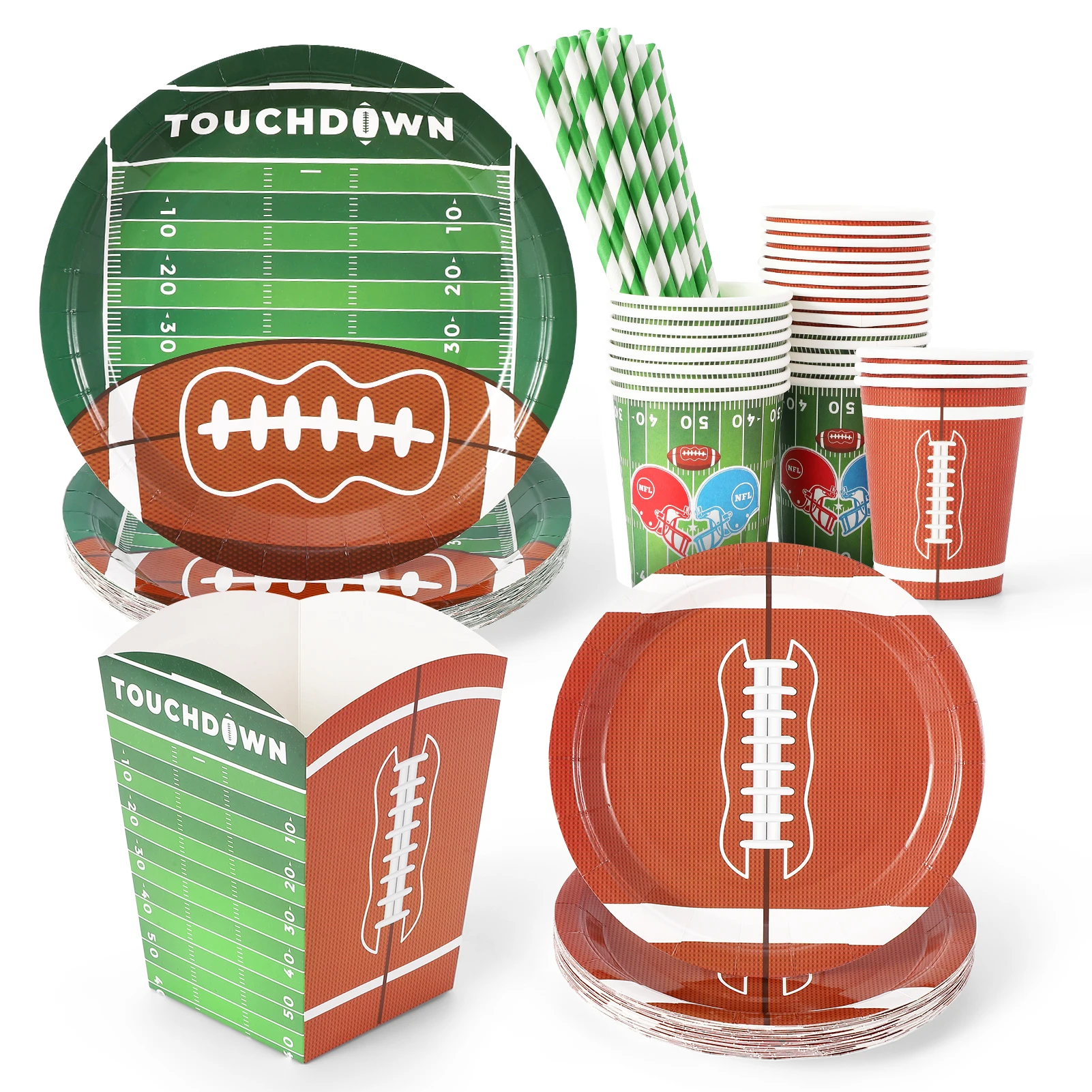 

125 Pcs Football Disposable Tableware Set Football Party Decorations Includes Plates, Cups, Snack Bowls, Straws