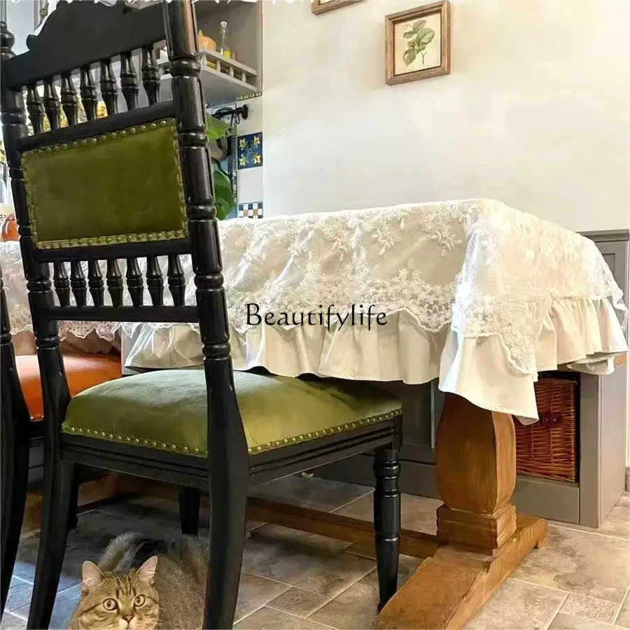 09Z.-American retro solid wood dining chair French old carved soft bag backrest chair home