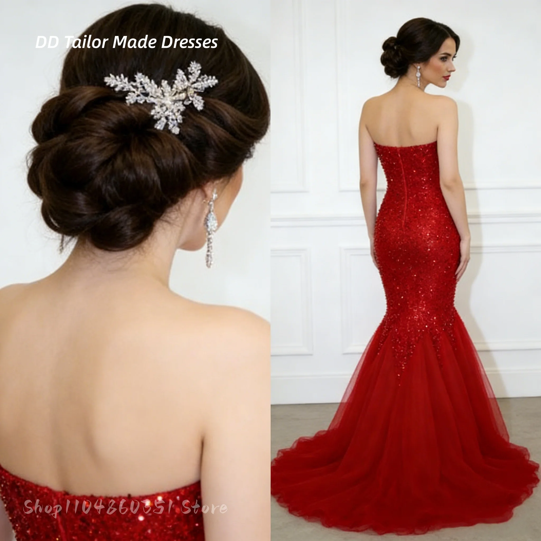 Elegant Red Mermaid Evening Dresses Beads Sequins Strapless Long Glitter Prom Reception Dress For Ladies Customized 2026 Robe