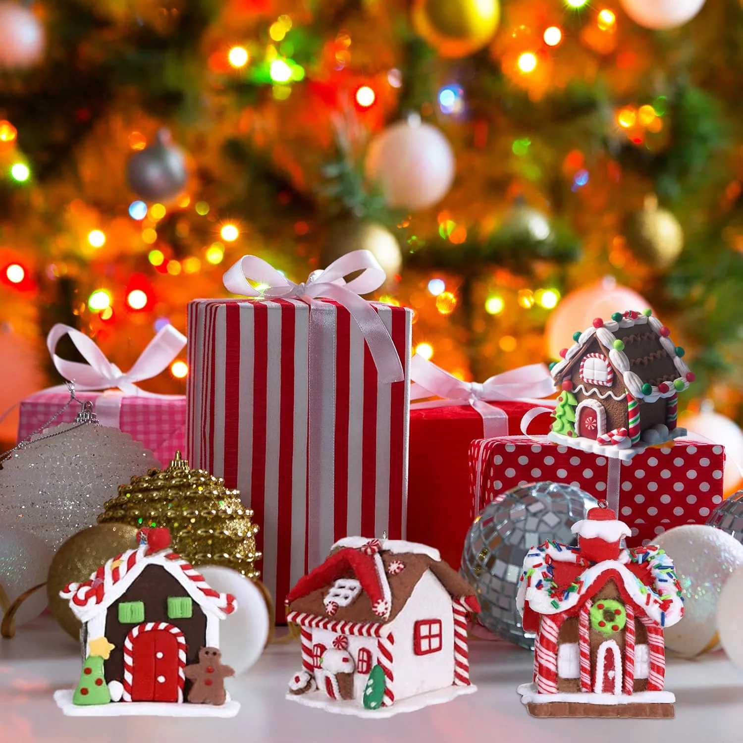 Gingerbread House Ornaments Holiday Christmas Tree Ornament Set Gingerbread Christmas Decor with Rope Gingerbread House Decor