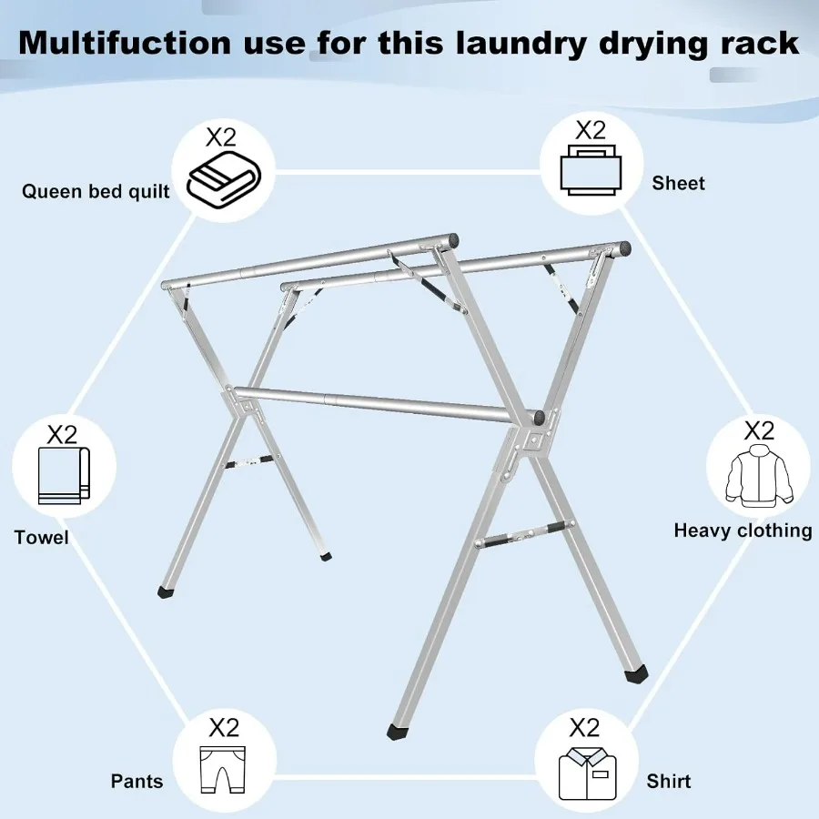79 inches Foldable and Collapsible Stainless Steel Heavy Duty Laundry Drying Rack with Windproof Hooks for Indoor Outdoor Use S