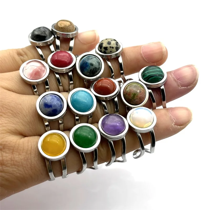 10pcs 10mm Natural Stone Stainless Steel Open Rings Women Boho Green Aventurine Black Agate Reiki Healing Crystal Finger Jewelry view 6
