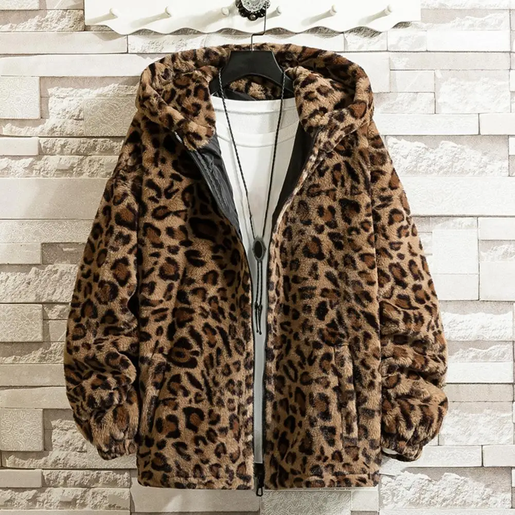 Casacos de pele do falso para homens impressão de leopardo manga comprida bolsos com zíper casaco de inverno engrossado dupla face de pelúcia com capuz outerwear