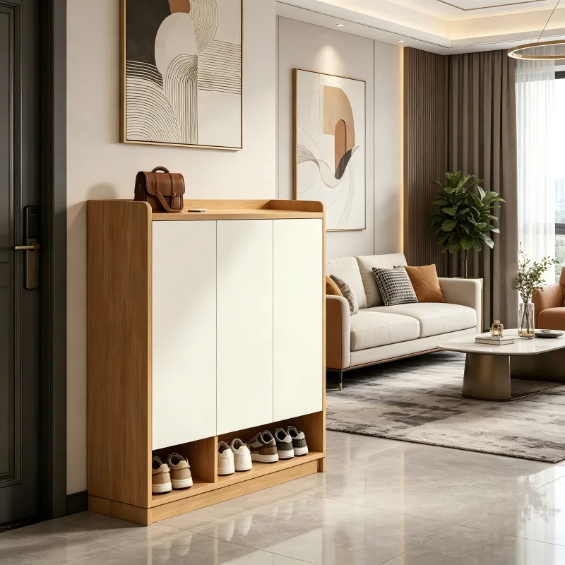 Solid Wood Multi-layer Board Shoe Cabinet Against The Wall 2026 New Entrance Integrated High-end Shoe Rack Home Door Storage