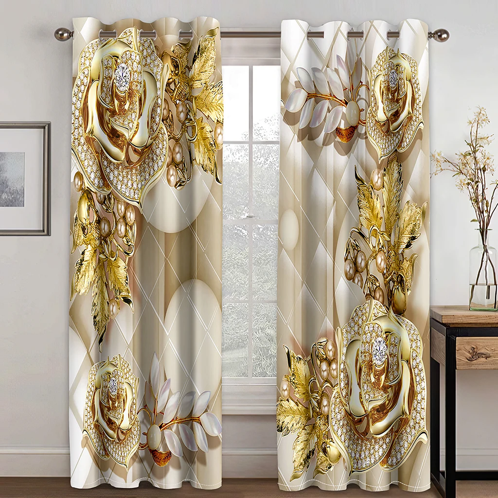 2pcs Red Rose Flower Diamond Gold 3D Design Luxury Girl Window Curtains for Living Room Bedroom Kitchen Door Hall Home Decor