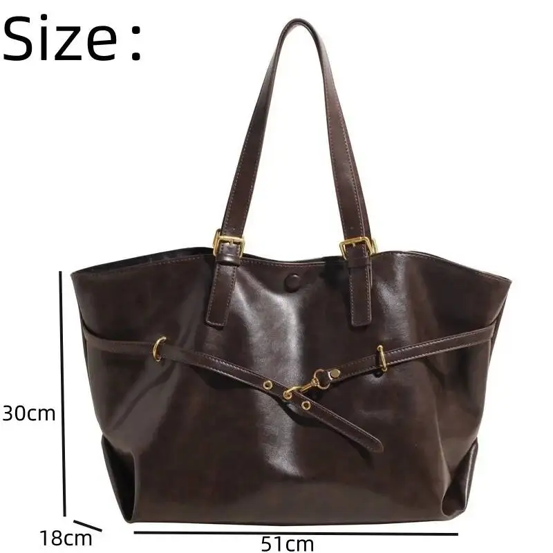 Brown Large Capacity Vintage Tote Bag Metal Buckle Decor Casual Shoulder Bags Versatile Commuter Handbag Women's Elagant Bag image 6