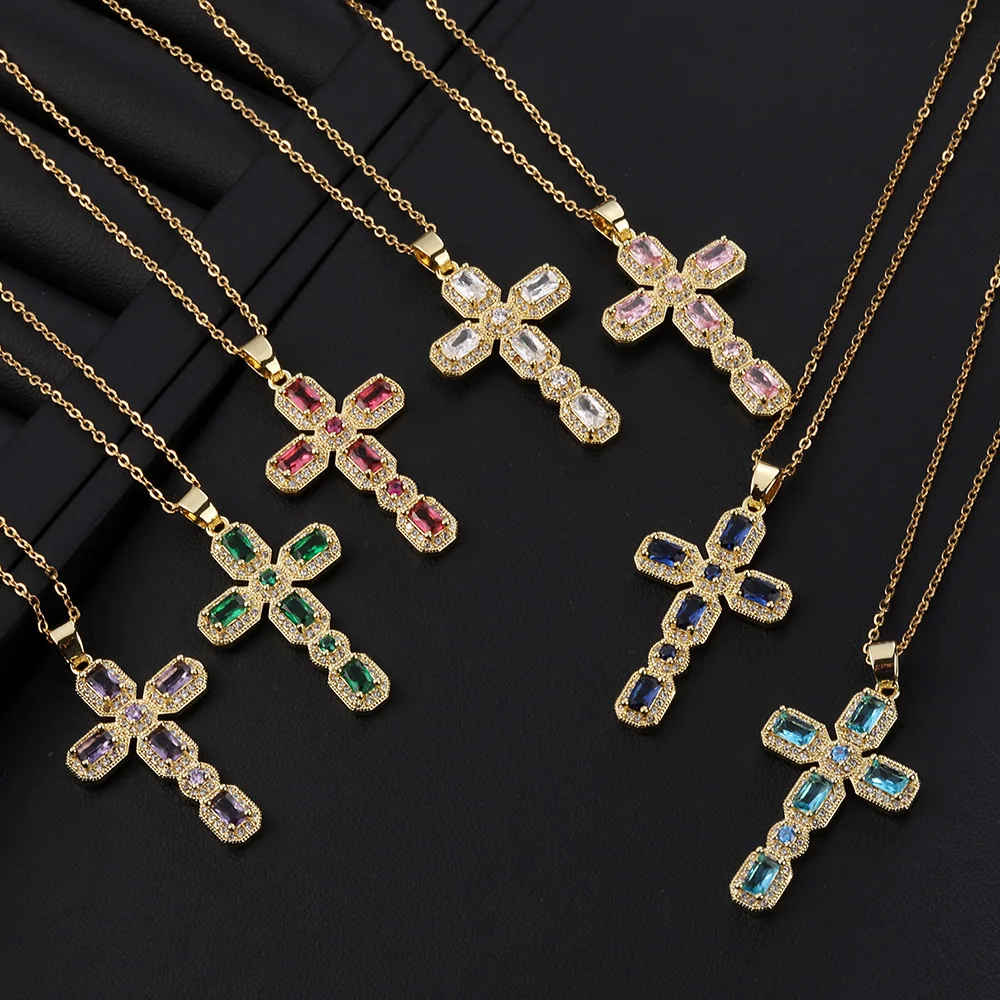 European and American Retro Hip-hop Cross Necklace Jewelry for Men and Women Couples Color Pendant Clavicle Chain