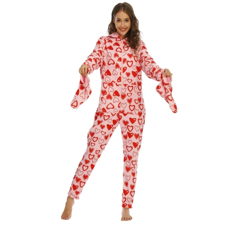 Women Pink Printed Onesie ABDL Bodysuit Winter Casual Zipper Footed Sleeper DDLG Adult Footed Pajamas Hooded Jumpsuit