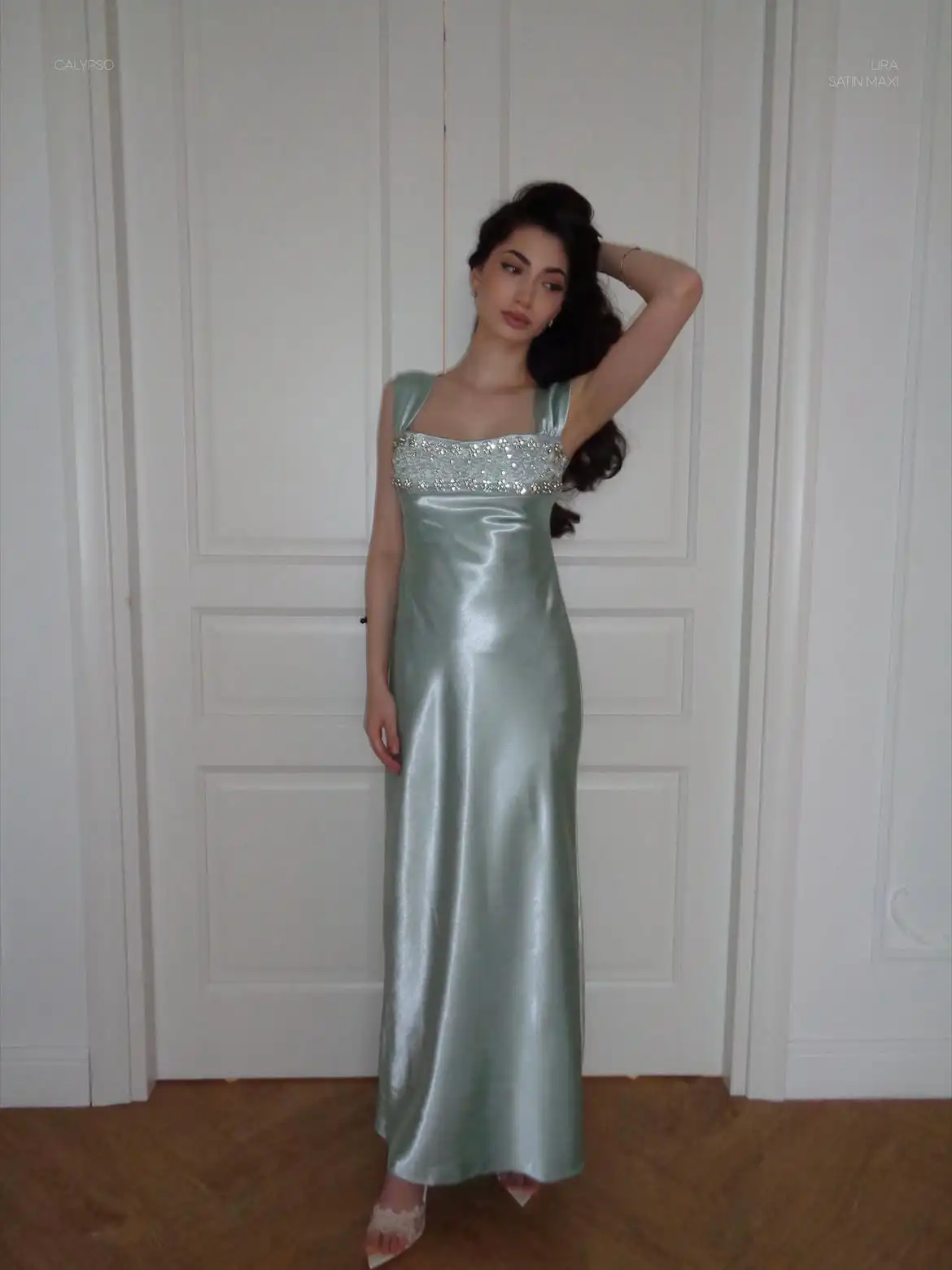 Mint Green Satin Evening Gown, Beaded Neckline, Square Collar Formal Prom Dress product photo
