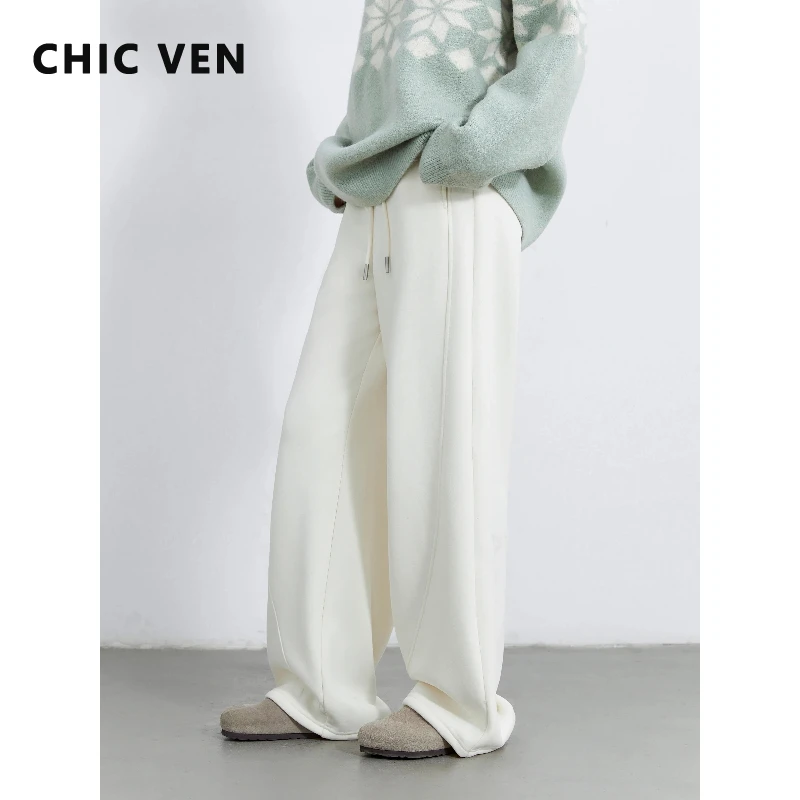

Женские брюки CHIC VEN, однотонные свободные повседневные прямые брюки с эластичной завязкой, плюшевые брюки, женские теплые брюки, осень-зима 2025
