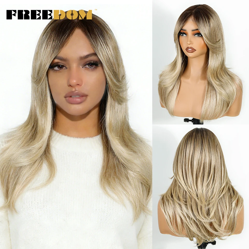 FREEDOM Synthetic Lace Front Wigs For Women 20 Inch Straight Layered Lace Wig With Bangs Ombre Blonde Brown Cosplay Wigs