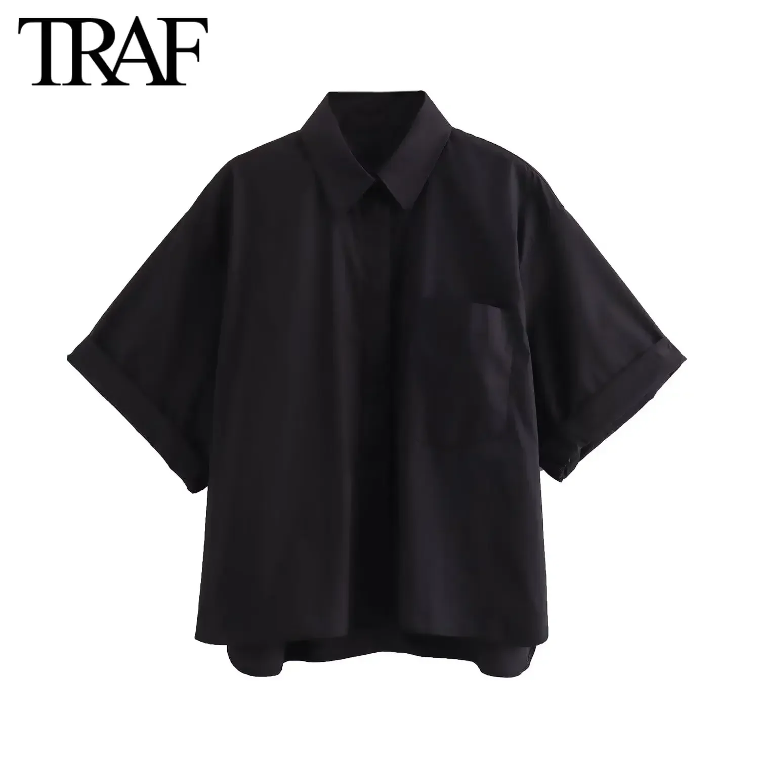TRAF Women Fashion New Pocket Short Sleeve Single-breasted Lapel Poplin Blouse Street Clothing Shirt Chic Ladies Top Mujer