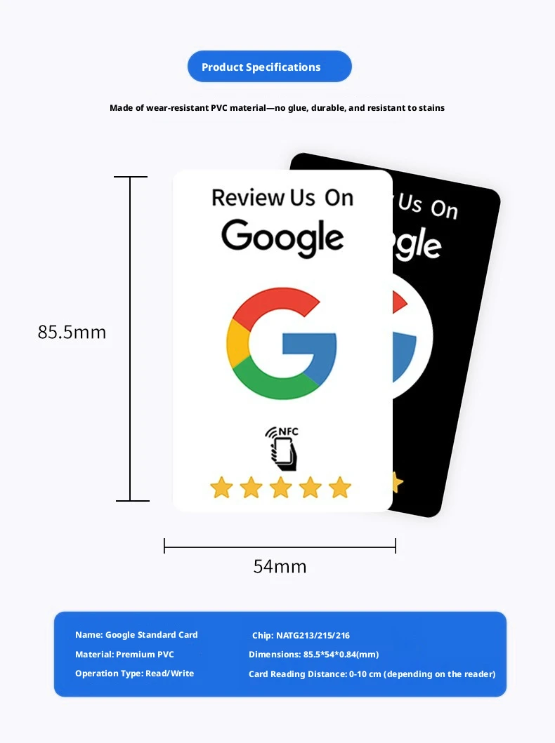 100 Stück Schwarze Wiederverwendbare Google-Bewertungs-NFC-Karten NTAG215 Premium Verschleißfest Matt-Finish Bewerten Sie uns auf Google Benutzerfreundlich – Detail 5