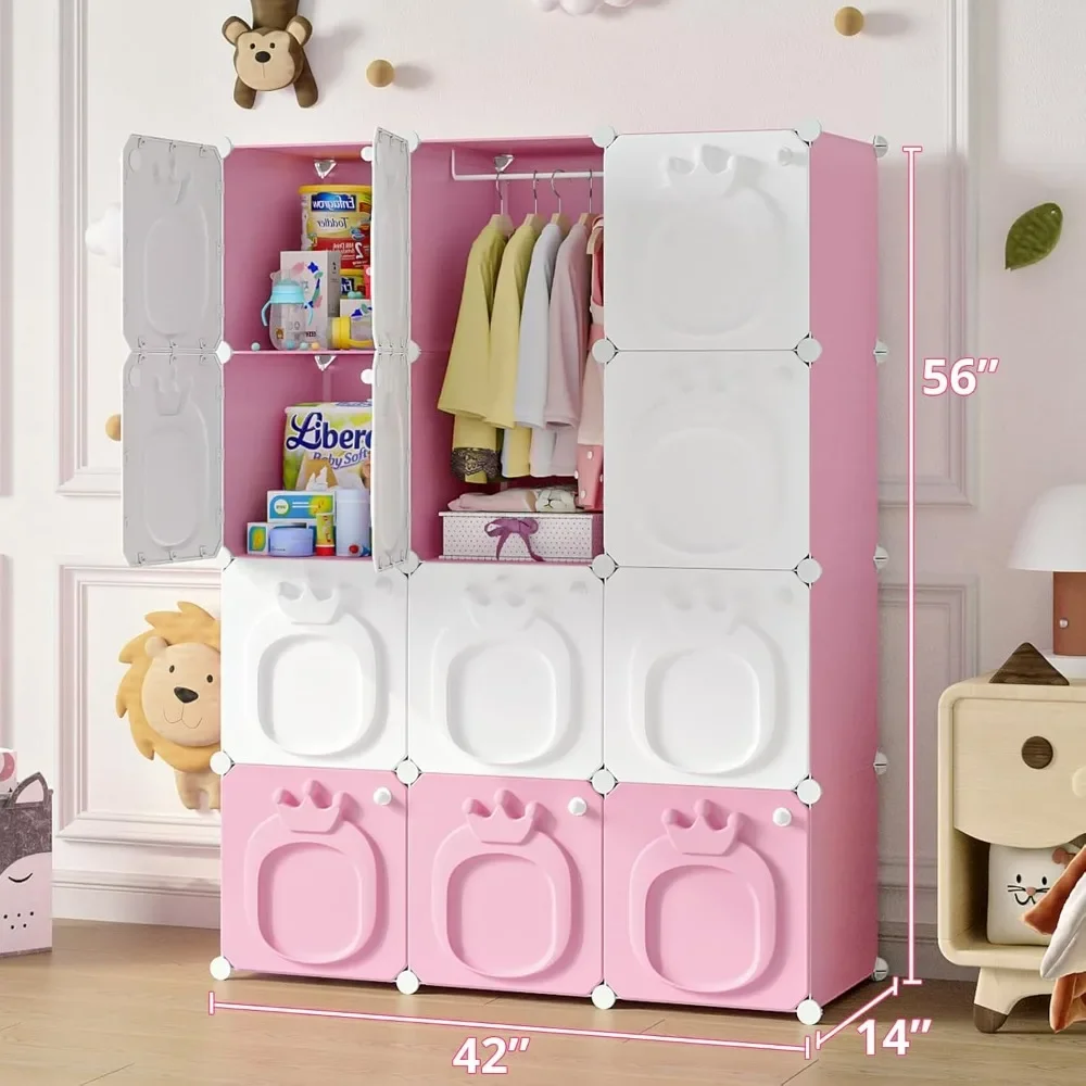 Kids Wardrobe Closet,Baby Closet Cabinet with Door.Armoires for Bedroom.Two Open Hanging Children Costume Area and 8Cube Stroage